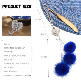 Bling Car Mirror Accessories for Women, Rhinestone Diamond Love Heart & Pink Plush Ball Decor Ornament Pendant, Car Rear View Mirror Hanging Charm Pendant, Lucky Hanging Accessories (Dark Blue)