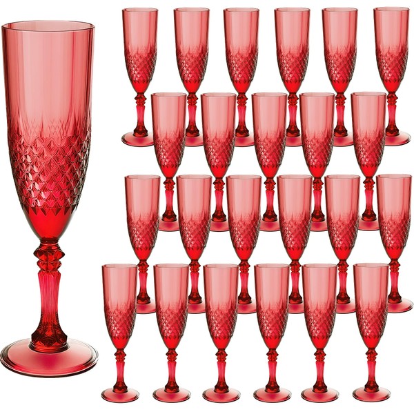LEYIQU Plastic Champagne Flutes, 24PCS Dark Red Wine Glasses Goblets