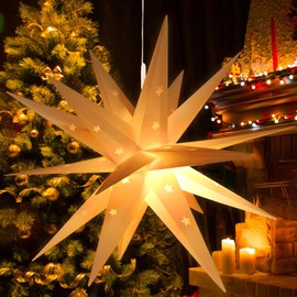 Luminous Star 3D Christmas Star, Illuminated, 45 cm LED Christmas Star with Timer for Indoor and Outdoor Use, 3D Outdoor Star, White Christmas Star, Illuminated, Folding Star for Window Star,