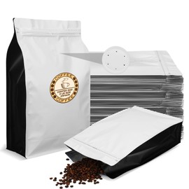 25 Pack 2.5KG Coffee Bags with Valve Large Capacity Stand up Aluminum Foil Flat Bottom Pouch Reusable Resealable Coffee Beans Storage Packaging Bags for Roasteries Cafes Home Retail(White)