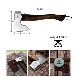 WICING 13.5 Inch Hatchet, Camping Axe 1055 Carbon Steel and Beech Handle, Survival Hatchet with Leather Sheath for Wood Splitting and Kindling