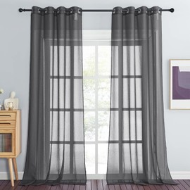 PONY DANCE Curtains for Living Room, Grey Transparent Curtains, Set of 2, H 245 x W 140 cm, Linen-Look Dark Grey Curtains, Eyelet Curtain, Translucent