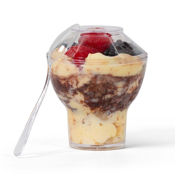 Oasis Creations Sundae Cup - 3 ounces - 50 Count - Lids & Spoons Included - Clear Plastic - Appetizer Cup - Parfait Cup - Dessert Cup -Disposable or Reusable