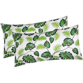 Cotton Renforcé Cushion Cover, Set of 2, 40 x 80 cm, Tropical Leaves in Green/White, Pillow Cover, Decorative Cushion Cover Made of 100% Cotton (K-031/1-Green)
