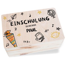 Wooden Box Memory Box - Memory Box for Back to School 2025 | Boys First Day of School 2025 with Name | Gift Boys for Back to School - 30 x 20 x 14 cm - Wood - as a Box 1st School Year Beginner