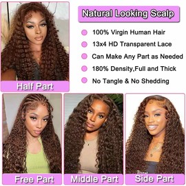 Chocolate Brown Lace Front Wigs Human Hair Pre Plucked 180% Density Brazilian Wet and Wavy Human Hair Wigs for Black Women Colored Curly 13x4 Lace Frontal Wigs Human Hair (Brown Color, 22 Inch)