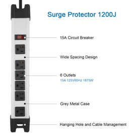 Heavy Duty Surge Protector, 6 Outlet Industrial Power Strip with 15A, Shop Workshop Garden Metal Power Strip with 6FT Cord 1200 Joules ETL Listed.