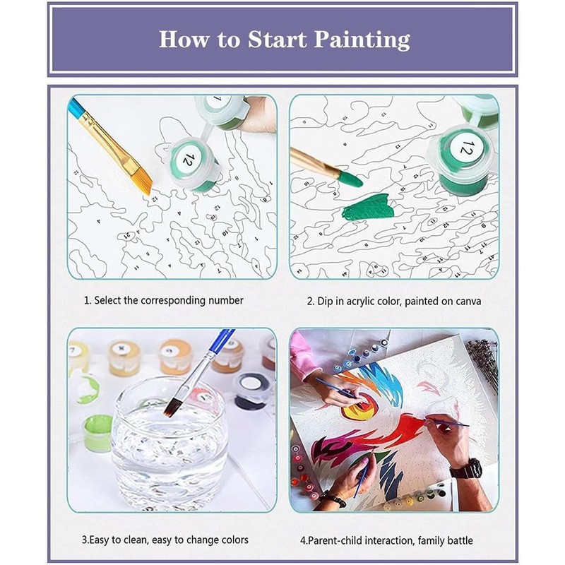 4 Pack Paint by Numbers Kit for Adults Framed Canvas