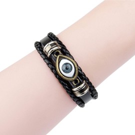 JczR.Y Leather Evil Eye Bracelet Bangle Punk Braided Leather Blue Eye Bracelet Cuff for Women Men Multi-layer Adjustable Wristband Jewelry(grey)