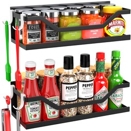 VG1M Magnetic Spice Rack for Refrigerator,Magnetic Fridge Shelf with 4 Hooks,Black Microwave Rack,Moveable Seasoning Rack, Durable Magnetic Shelf for Kitchen, 11.9 Inch, 2 Pack