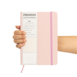 A5 Notebook Dotted Journal with Faux Leather Hardback Cover and Premium 120gsm Thick Paper (128 Cream Pages, Baby Pink)