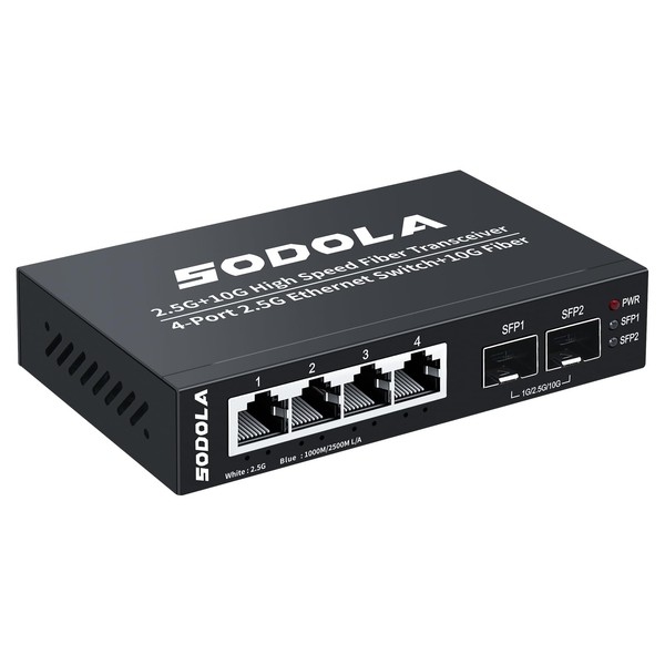 SODOLA 6 Port 2.5G Unmanaged Ethernet Switch, 4X 2.5GBASE-T Ports, 2X 10G SFP+, 60Gbps Switching Capacity, Mini Wall Mountable 2.5Gb Network Switch for Wireless AP, NAS, PC
