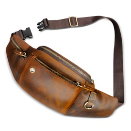 Handadsume Genuine Leather Hiking Riding Travel Fanny Pack Waist Bag Small Phone Bag for Men Women 380, 389 Brown, Classic hip backpack with small chest bag.