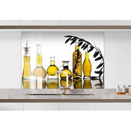 Myphotostation 30Wx15H'' Olive Oil Backsplash Olive Bottle Tempered Glass Backsplash, Glass Splashback For Kitchen, Stove Wall Protector, Cooker Wall Panel, Stove Back Cover