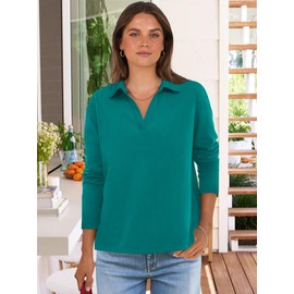 ANRABESS Women Long Sleeve Polo Shirts Casual V Neck Collared Boxy Fit Dressy Work Blouse Top Spring Outfits Lake Green XL