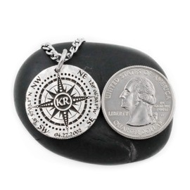 Silver Compass Necklace, Engraved into a Hammered Silver Coin, with a Date, GPS Coordinates, and Initials, By NameCoins