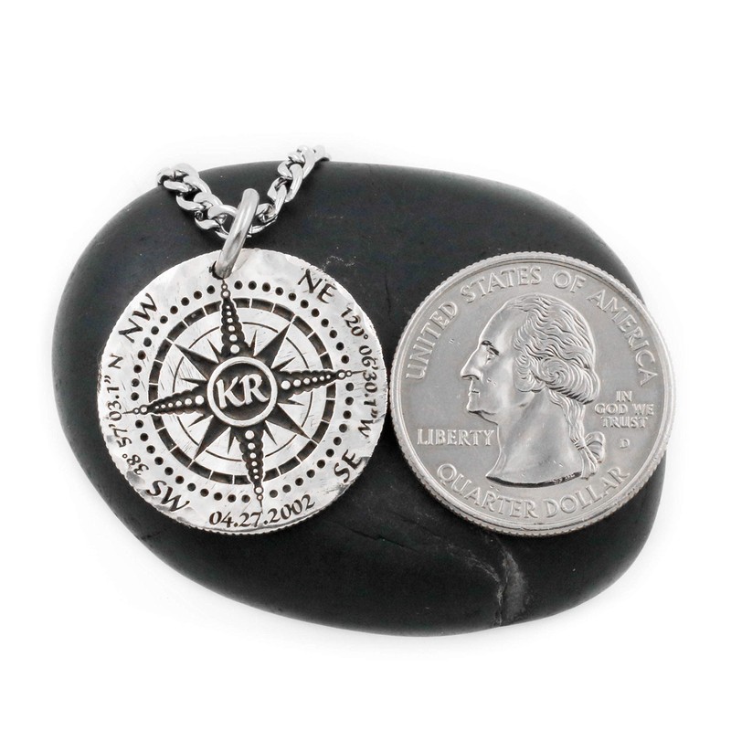 Silver Compass Necklace, Engraved into a Hammered Silver Coin, with