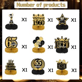 65th Birthday Decorations Honeycomb Men - 9 Pcs Vintage 65th Birthday Centerpieces Table Decoration For Women Black Gold 65 Years Old Birthday Party Happy 65th 1960 Aniversary Retirement Decor