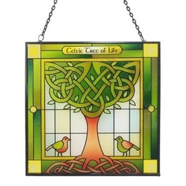 Royal Tara Celtic Tree of Life Stained Glass Window Hang Suncatcher Square Irish Handcrafted House Decor Housewarming 6.3"", Green