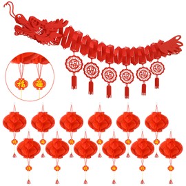 Sinmoe 13 Pcs 3D Chinese New Year Dragon Ceiling Decorations Spring Festival Dragon Garland with Chinese Lanterns for 2024 Lunar New Year Hanging Red Chinese Lanterns for Party Restaurant Supply
