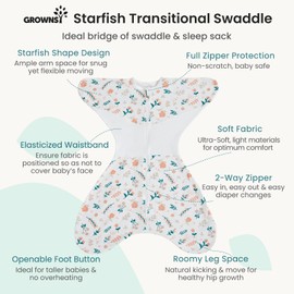 GROWNSY Transitional Swaddle Sleep Sack 3-6 Months,Cotton Starfish Design Baby Swaddle Sack, Dual-Zipper for Easy Diaper Changes, Proper Hip Development & Openable Foot Button, 12-20lbs, Spring Garden