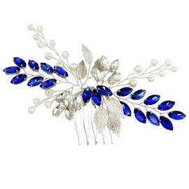 BETITETO Bridal Crystal Hair Comb Wedding Rhinestone Pearls Silver Leaf Hair Piece Accessories for Women Girls (Blue)
