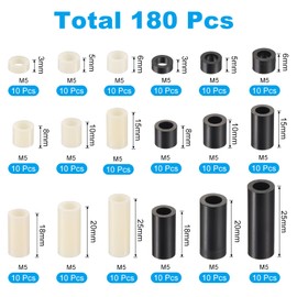 PATIKIL M5 Nylon Spacer Set, 180Pcs Non-Threaded ABS Round Spacer Standoff Assortment Electrical Outlet Spacers for PCB Motherboard, Circuit Board, Switch and Receptacle, Black/White
