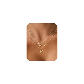 DAILI Shell Starfish Necklace Beach Jewelry for Women,Layered Gold Shell Charm Necklaces Summer