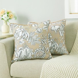 VOGOL White Botanical Printing Throw Pillow Covers, Elegant Farmhouse Decorative Soft Linen Textured Square Pillow Covers, Set of 2 Accent Cushion Covers for Sofa Bed Décor, 18x18 Inch