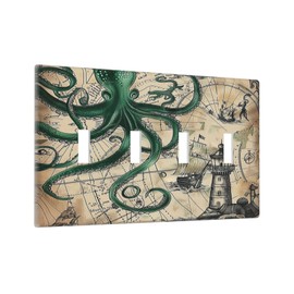 Nadoabtm Light Switch Covers Vintage Green Nautical Octopus Funny Ocean Kraken Quad Toggle Electrical Faceplate 4 Gang Wall Plate Decorative Switch Plates for Kids room Bathroom Decor