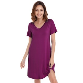 NACHILA Nightgowns for Women-Viscose Made from Bamboo, Soft Sleepshirts Short Sleeve Nightshirts Loose Sleepwear Dark Purple XL