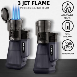 TOMOLO Torch Lighter 2 Pack, Refillable Butane Lighter with 3 Jet Torch Adjustable Windproof Flame (Without Fuel)(Black)