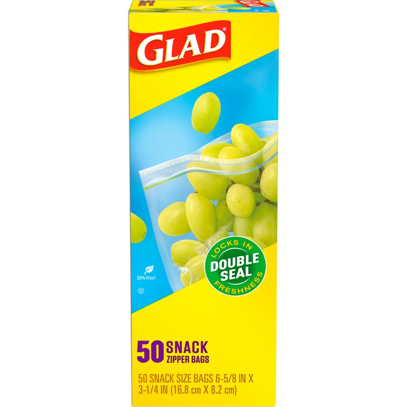 Glad Zipper Food Storage Plastic Bags, Snack, 50 Count (Packaging