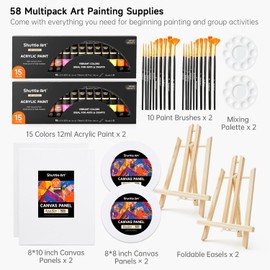 Shuttle Art 58 Pack Acrylic Paint Set, Painting Kit with 2 Pack of 15 Colors Acrylic Paint, 2 Sets of Wooden Easels, Canvas, Brushes & Palettes, Art Painting Supplies Kit for Adults Kids Beginner
