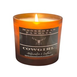 Moosehead Candles Watermelon Leather Scented Candle, 12 oz, 60+ Hour Burn Time, Cotton Wick, Amber Glass Jar