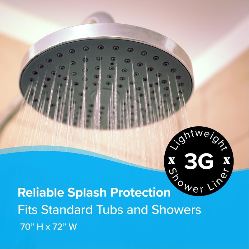 SlipX Solutions Protected Shower Curtain Liner, 3G Lightweight, 70"x72", Clear