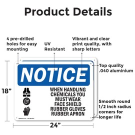 (2 Pack) Handling Chemicals Wear PPE OSHA Notice Sign 24 Inch X 18 Inch Indoor/Outdoor Rust-Free Aluminum Metal Signs for Workplace, Workshop, and Construction Site, Made in the USA