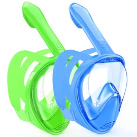 Kids Snorkel Mask Full Face, Snorkeling Gear for Kids 2-14 with Camera Mount, 180 Degree Panoramic View Snorkeling Set Anti-Fog Anti-Leak (Blue+Green)