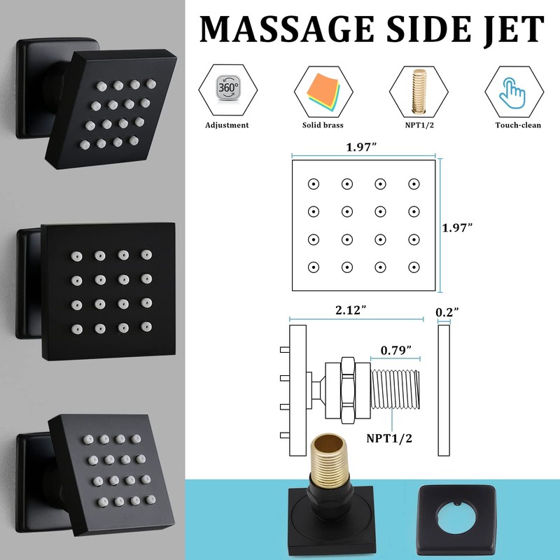 HOMEDEC 2inch Brass Shower Jet Waist Body Spray Massage Showerhead