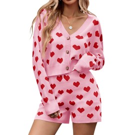 Tankaneo Womens Valentine's Day Sweater Sets Heart Knit Long Sleeve Cropped Cardigan and Shorts 2 Piece Outfits