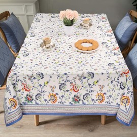 FINGERCRAFT Tablecloth 100% Cotton Floral Table Cover Washable Decorative Linen for Home Camping Outdoor Picnic Dining Table 60 x 60 Inch Blue Floral