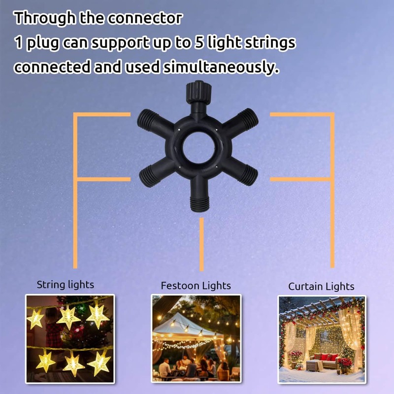 Dekofun Christmas Light Splitter Connector, 2 Pin 1-to-5 Fairy Lights