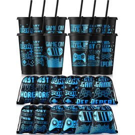 Mifoci 24 Pcs Video Game Party Favors, 12 Video Game Plastic Cups with Lids and Straws and 12 Drawstring Backpack, 24oz Reusable Tumble Bag for Gaming Party(Blue, Black)