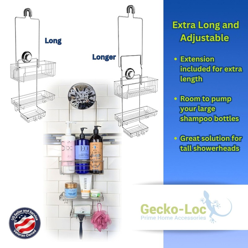 Gecko-Loc SHS-015EXT Extra Long Adjustable Hanging Shower Caddy, Over-the-Showerhead Organizer