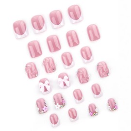 24 Pcs Pink Press on Nails Short Square 3D Bow Flowers Design,ZIFANHU Cute Fake Nails Press ons Acrylic Nail Art Kit Nail Tips Full Cover Rhinestones False Nails Glue on Nails for Women Manicure