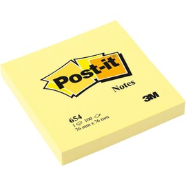 Post-it, 3M, Notas Adhesivas, Color Amarillo, 7.6 cm x 7.6 cm, 1 block, 100 hojas c/u (Modelo 654)