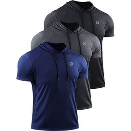 NELEUS Men's Running Shirt Mesh Workout Athletic Shirts with Hoods,5084,3 Pack,Black/Grey/Navy Blue,3XL
