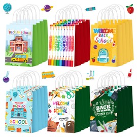 Zhanmai 24 Pcs Welcome Back to School Gift Bags with Handle First Day of School Goodie Bags Colorful Candy Treat Paper Wrapping Bag for Classroom Back to School Party Favors Decoration