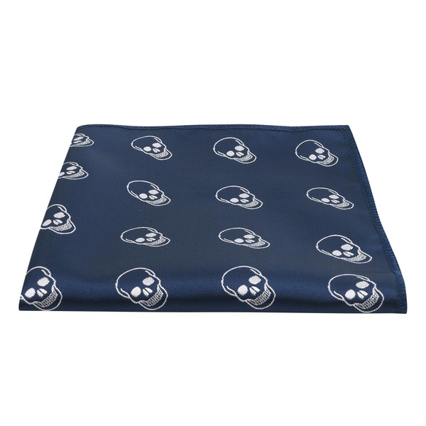 King & Priory Pocket Square Embroidered Skull Design Navy Blue