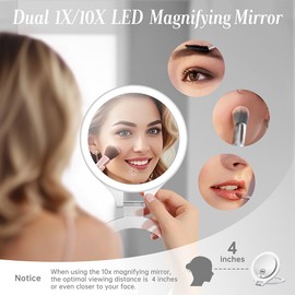 Luxspire Magnifying Mirror with Light, 10X / 1X Double Sided Makeup Mirror, Portable Travel Makeup Mirror with 3 Color Lights and Magnification, Foldable Handheld Lighted Mirror, White